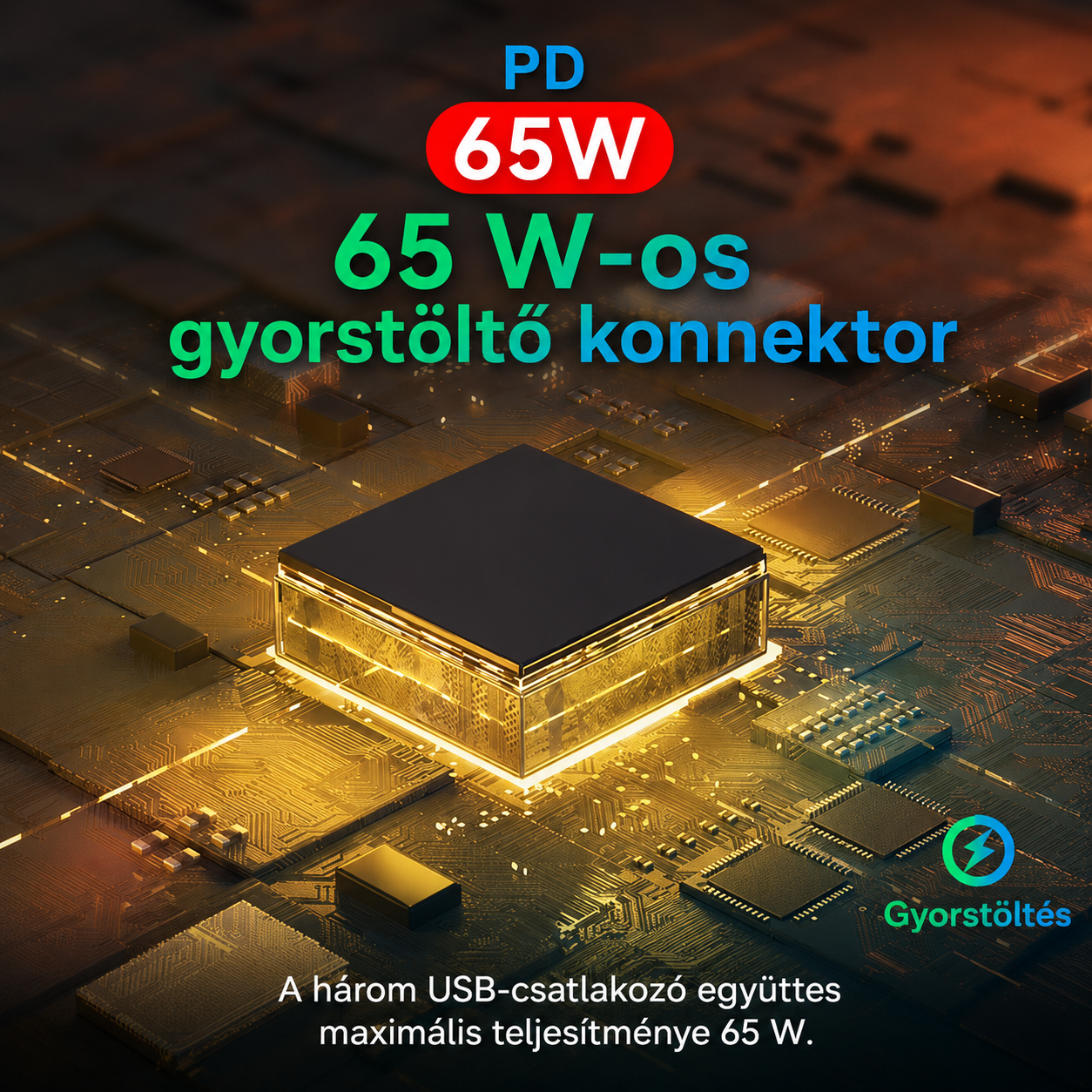 1x 2× USB-C + 1× USB-A 65 W Gyorstöltő Konnektor Üveg Szett – Fekete  GlassON (2)